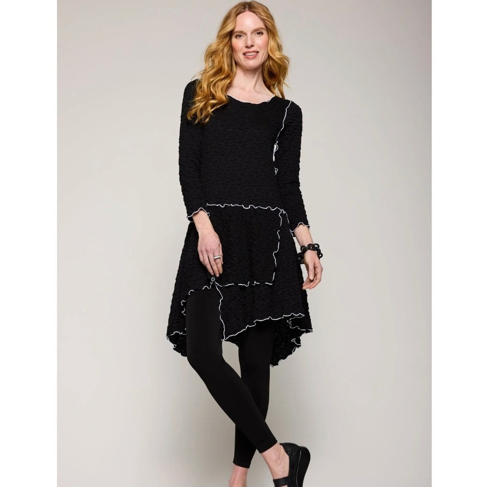 Noblu Black Crinkle Lagenlook Tunic Dress White Lettuce Trim Asymmetrical Medium